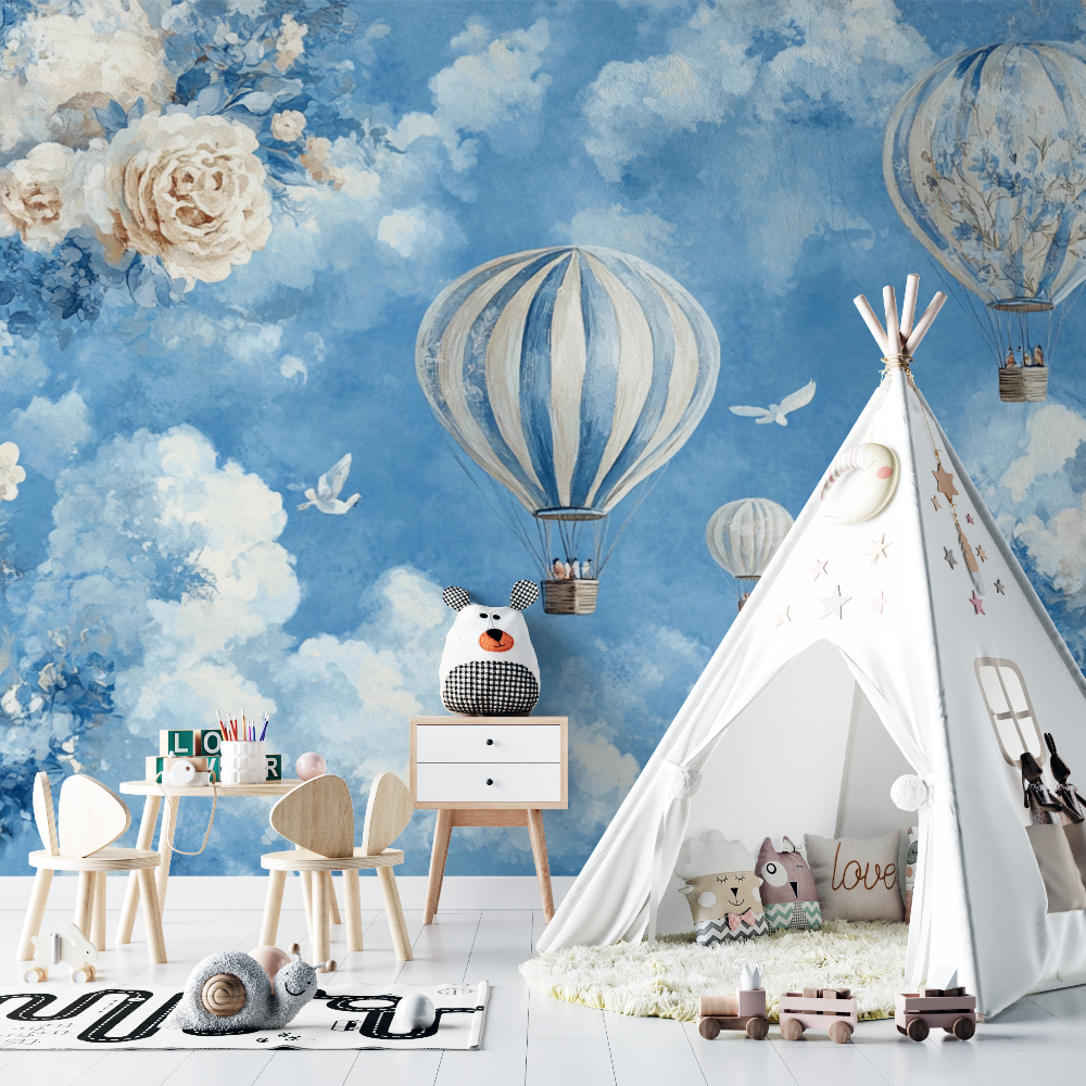 Hot Air Balloon and Flower-Shaped Clouds Wallpaper | Murals Wallpaper