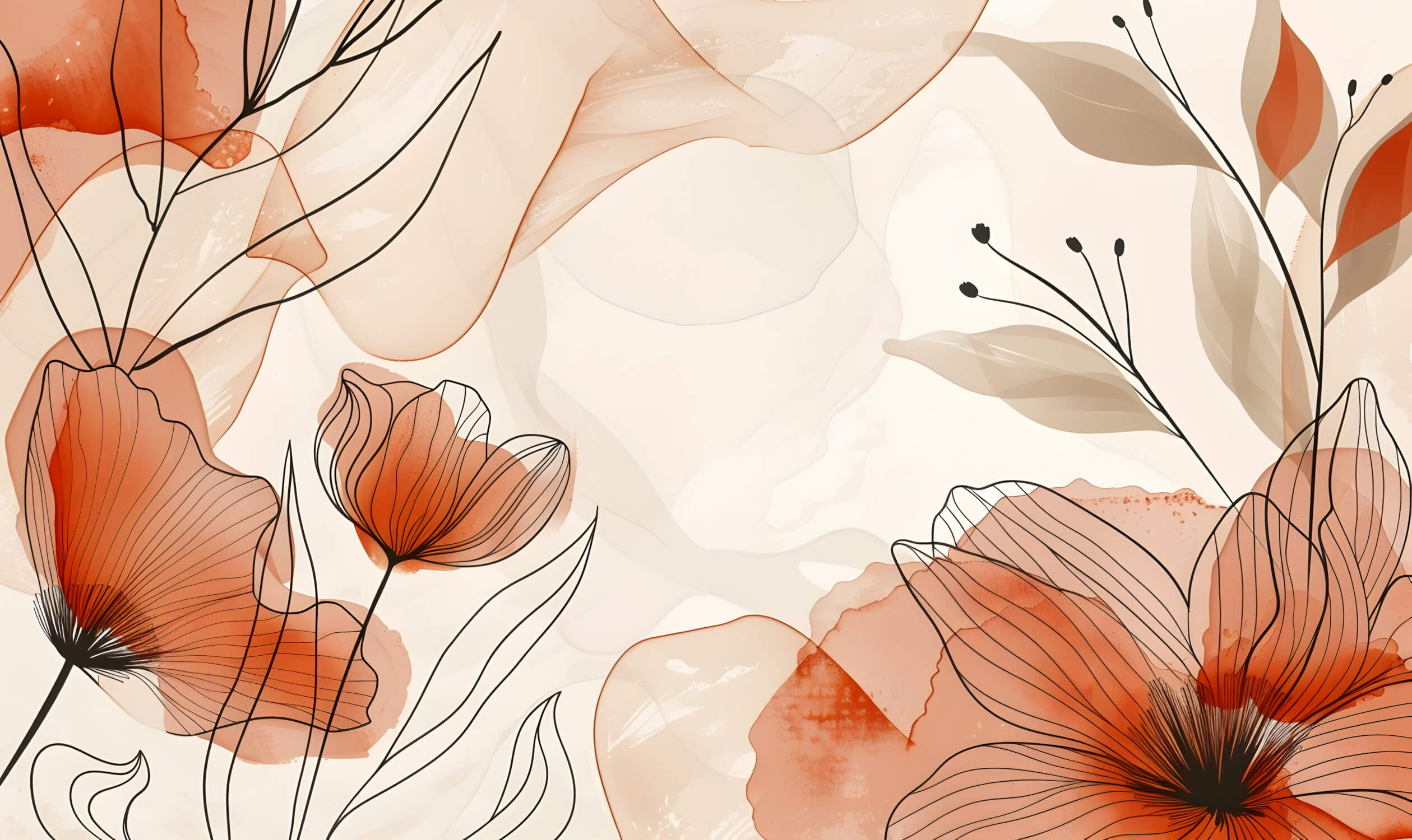 Flower Lines Terracotta Mural Wallpaper