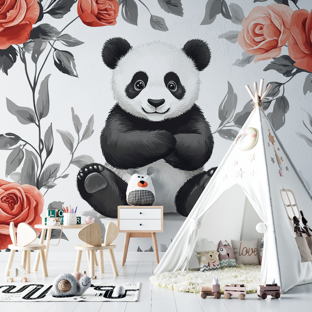Blumen-Panda-Tapete | Wandtapete