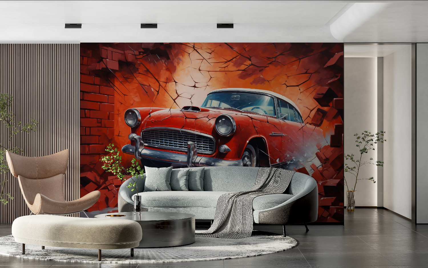3D Brick Car Mural Wallpaper | Murals Wallpaper