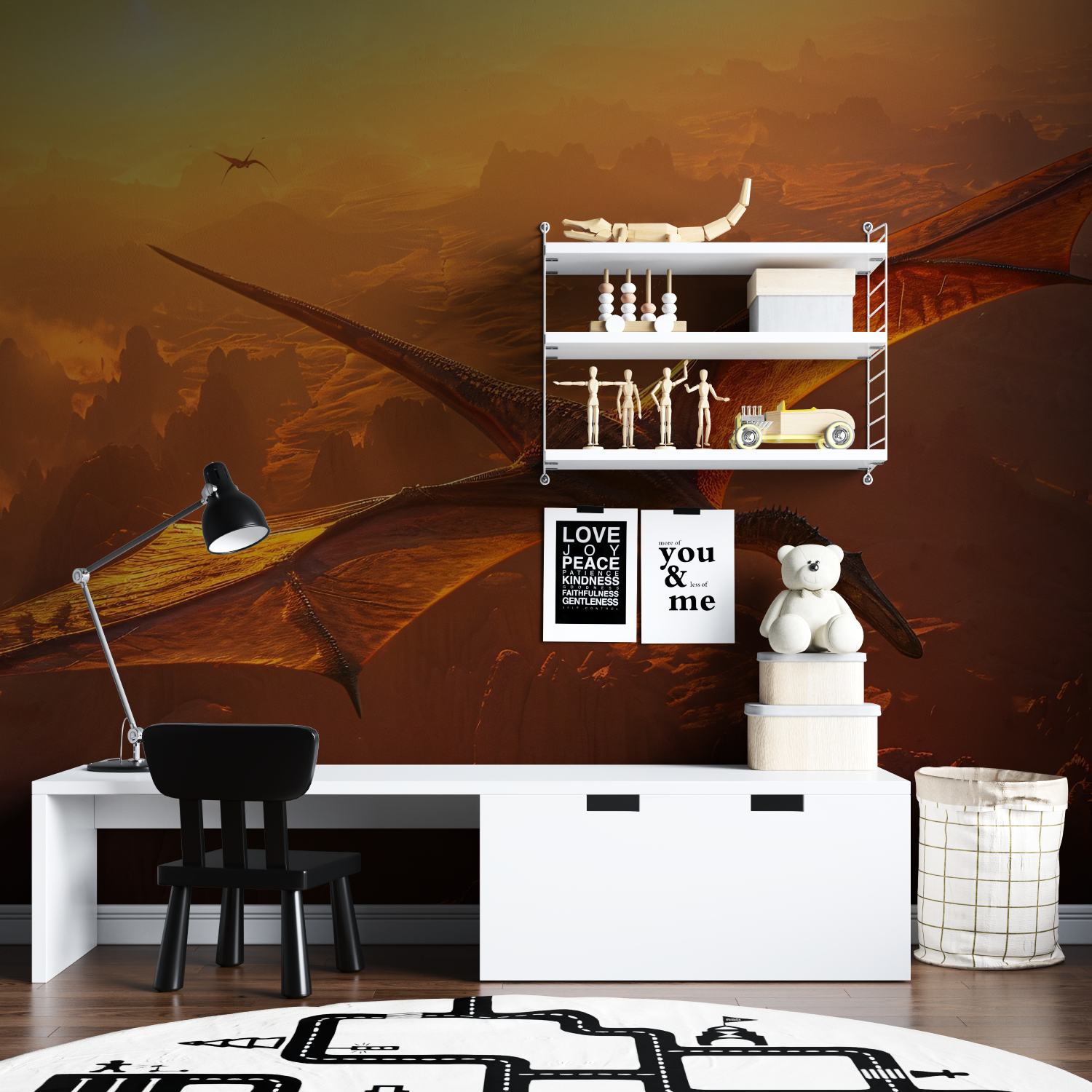 Dinosaurier-Sonnenuntergangshimmel-Tapete | Wandbild-Tapete