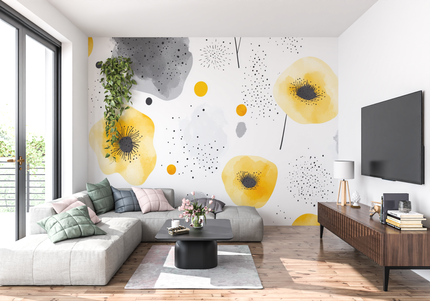 Pastel Yellow and Gray Floral Wallpaper | Murals Wallpaper
