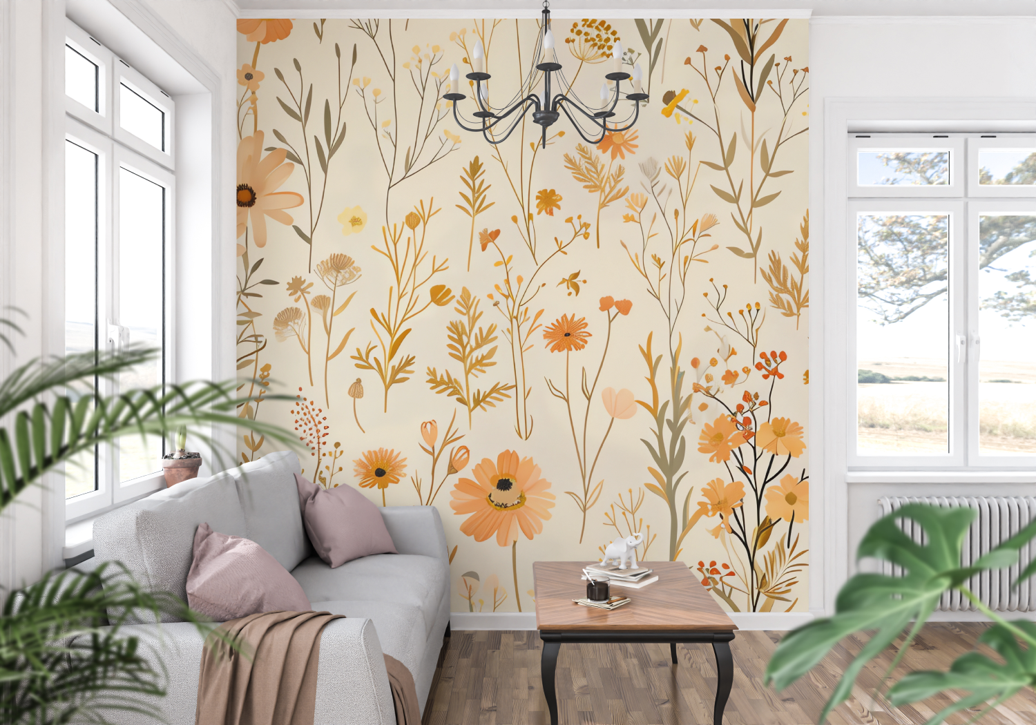 Orange Floral Pattern Wallpaper | Murals Wallpaper