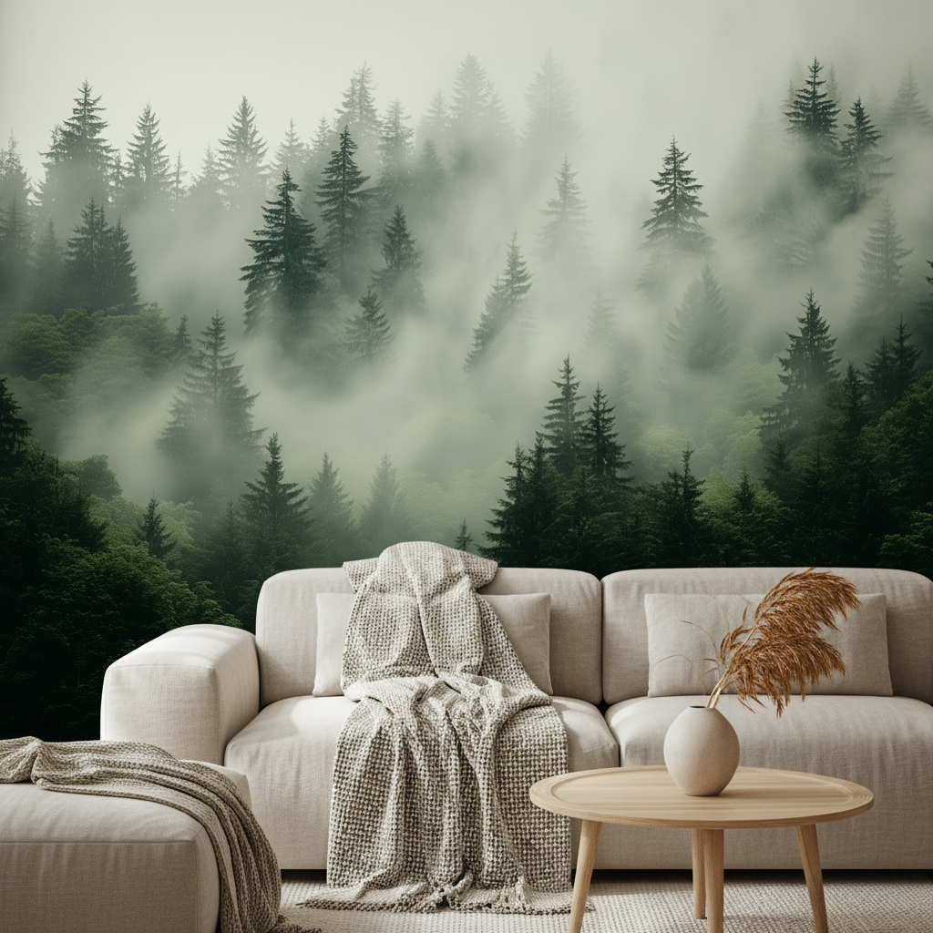 Misty Pine Forest Nature Mural Wallpaper