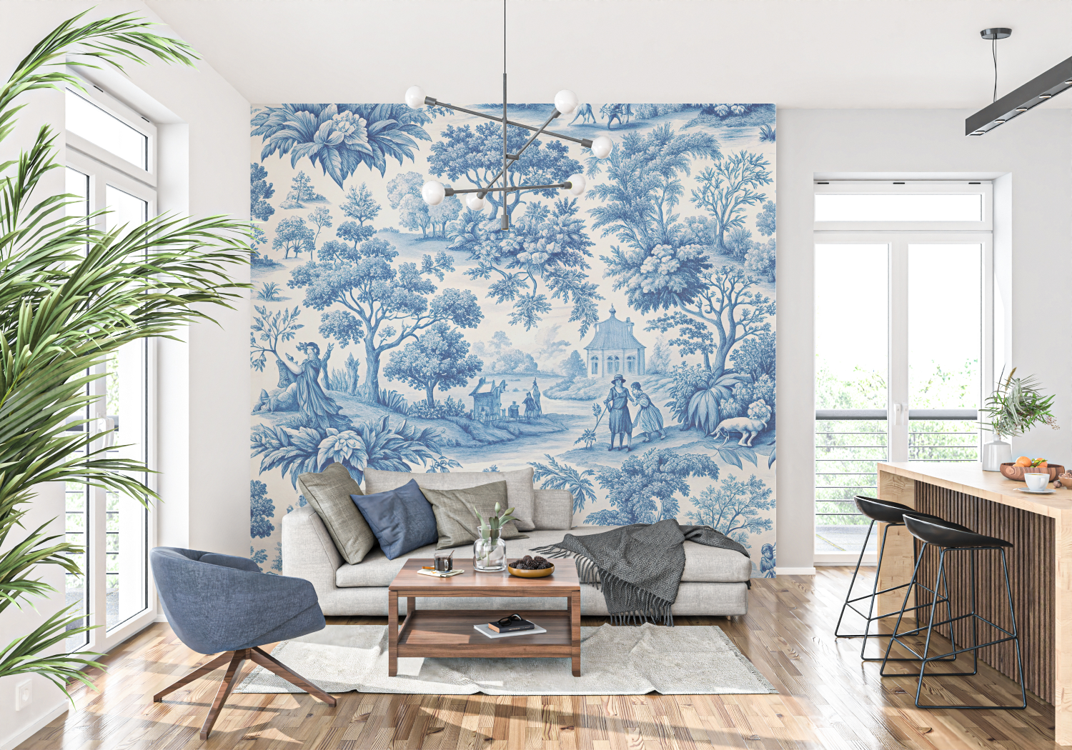 Blue Toile Landscape Wallpaper | Murals Wallpaper