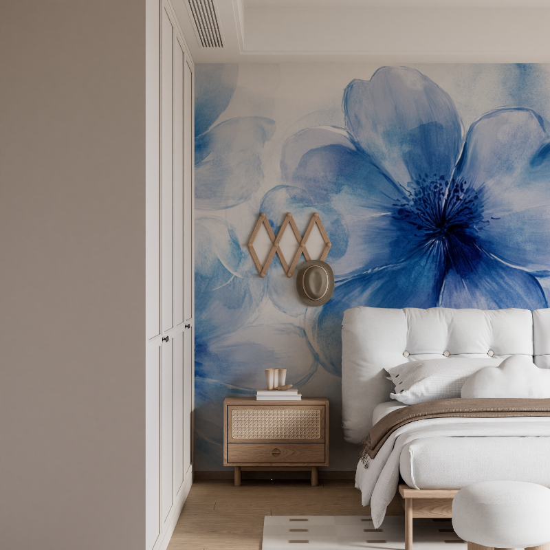 Großflächige blaue Blumentapete | Wandtapete