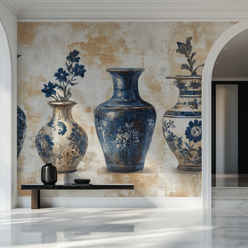 Vintage Wallpaper Blue Vase Green Chair | Murals Wallpaper