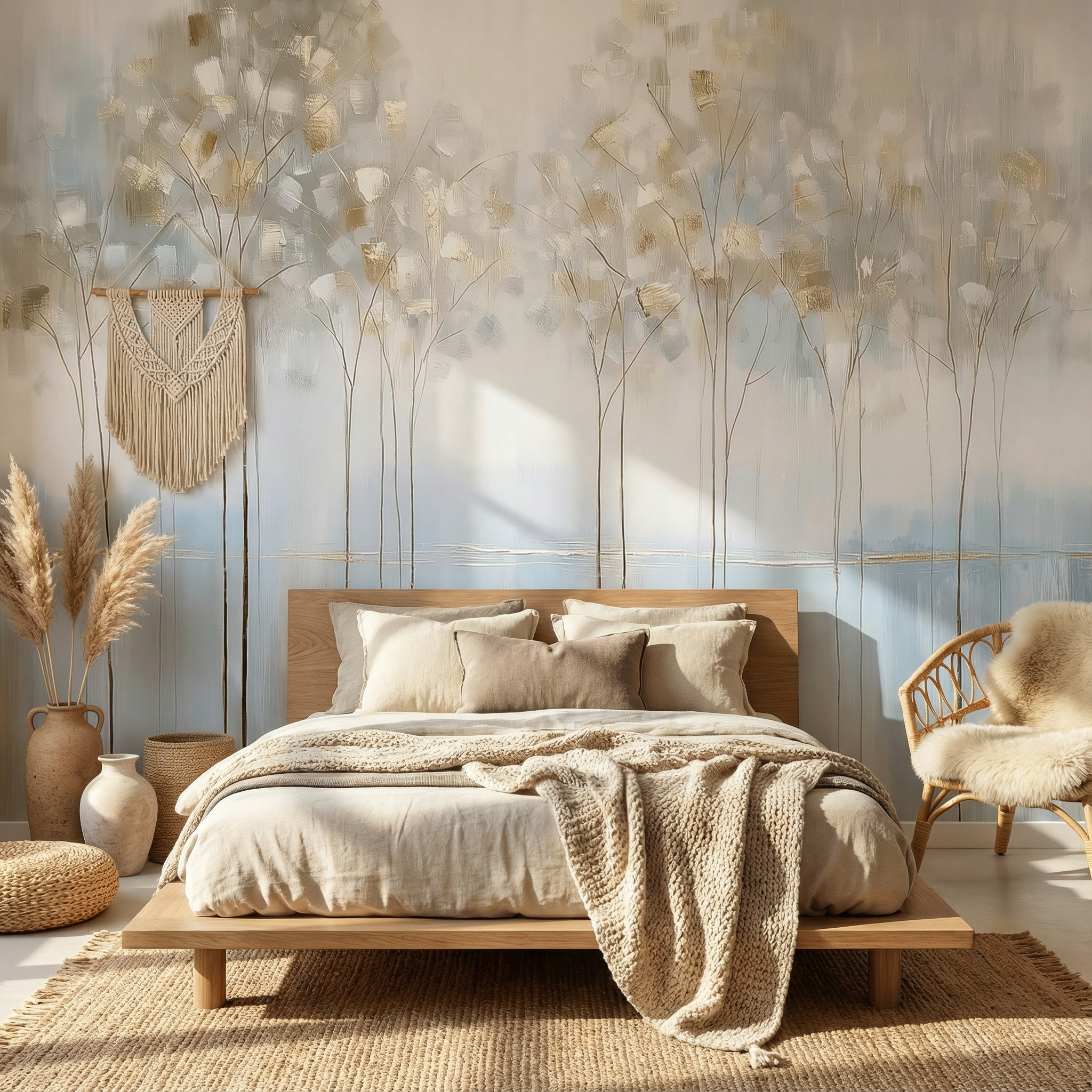 Abstract Gold and Blue Trees Mural Wallpaper