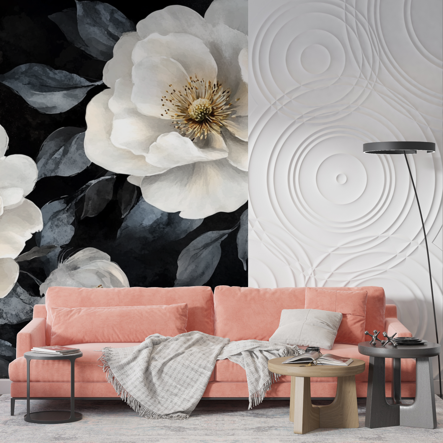 Papel de parede de Aquarela de flores brancas e pretas | Murais Papel de parede