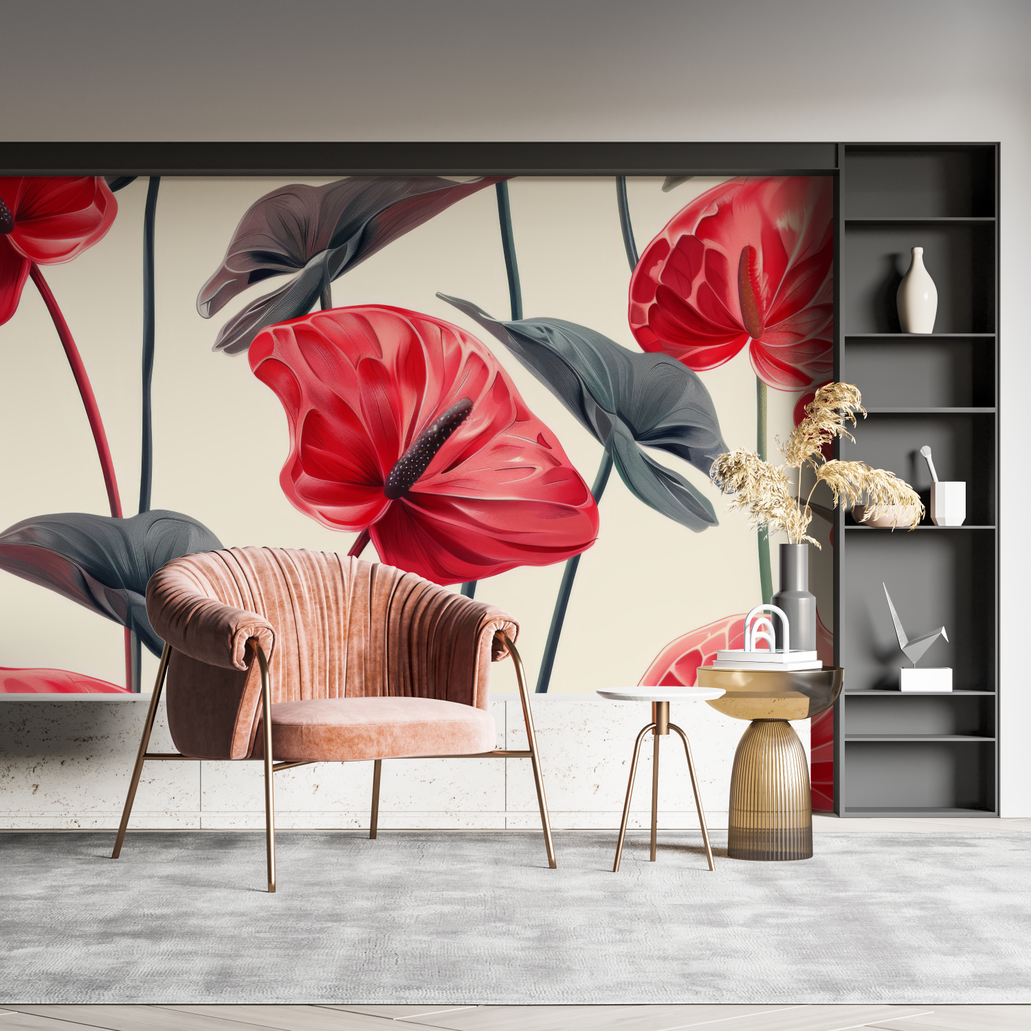Gray Red Floral Wallpaper | Murals Wallpaper