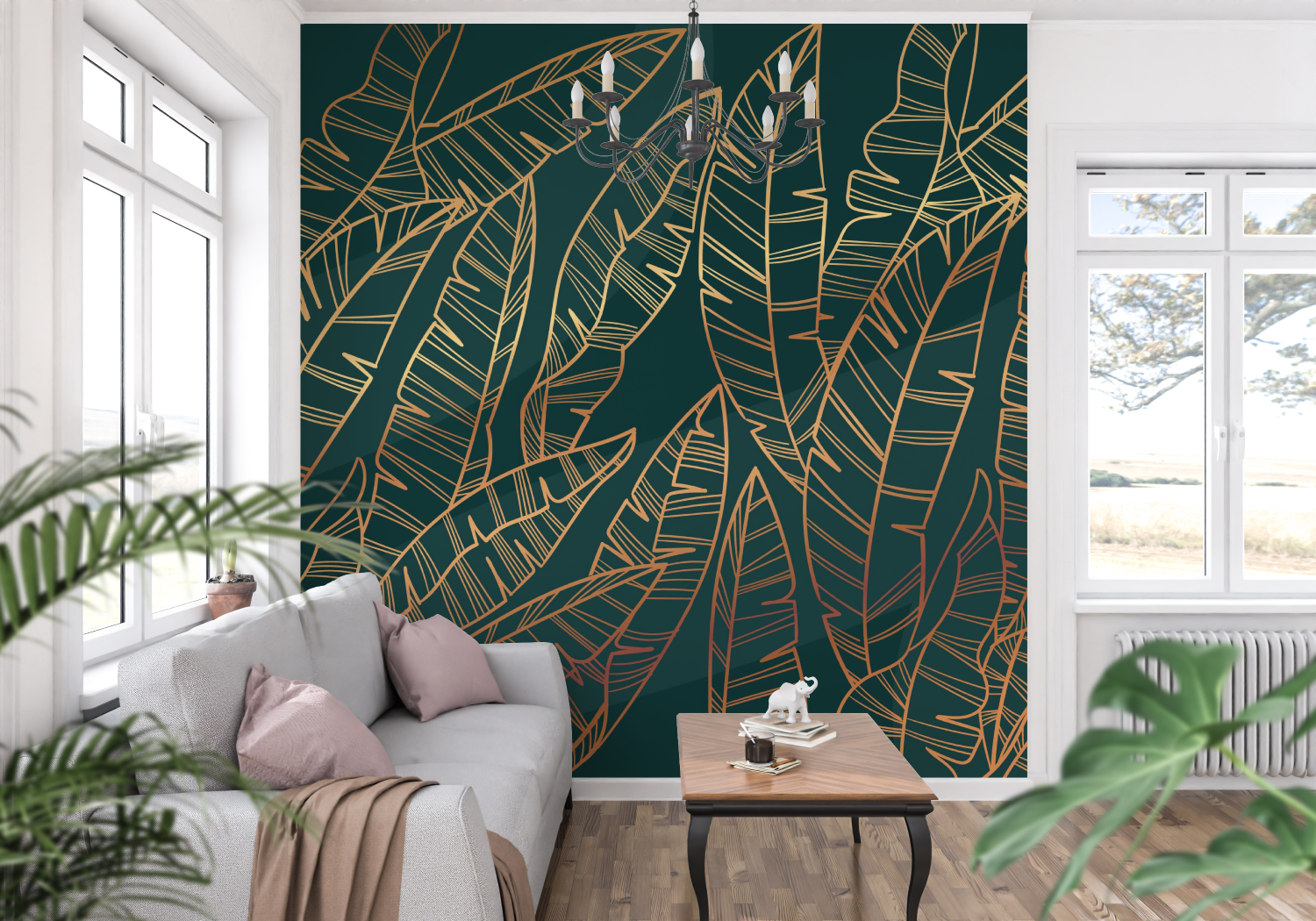 Teal Wallpaper with Golden Pattern | Murals Wallpaper