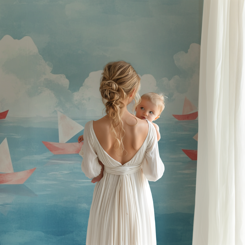 Marine Wallpaper with Soft Paper Boats and Ocean | Murals Wallpaper