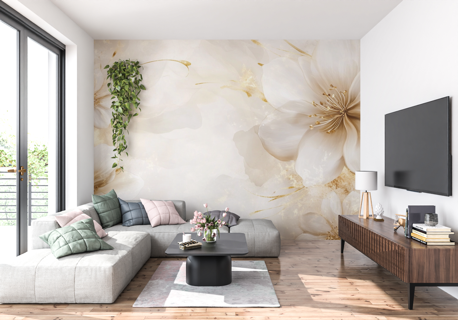 Beige and Gold Transparent Floral Wallpaper | Murals Wallpaper
