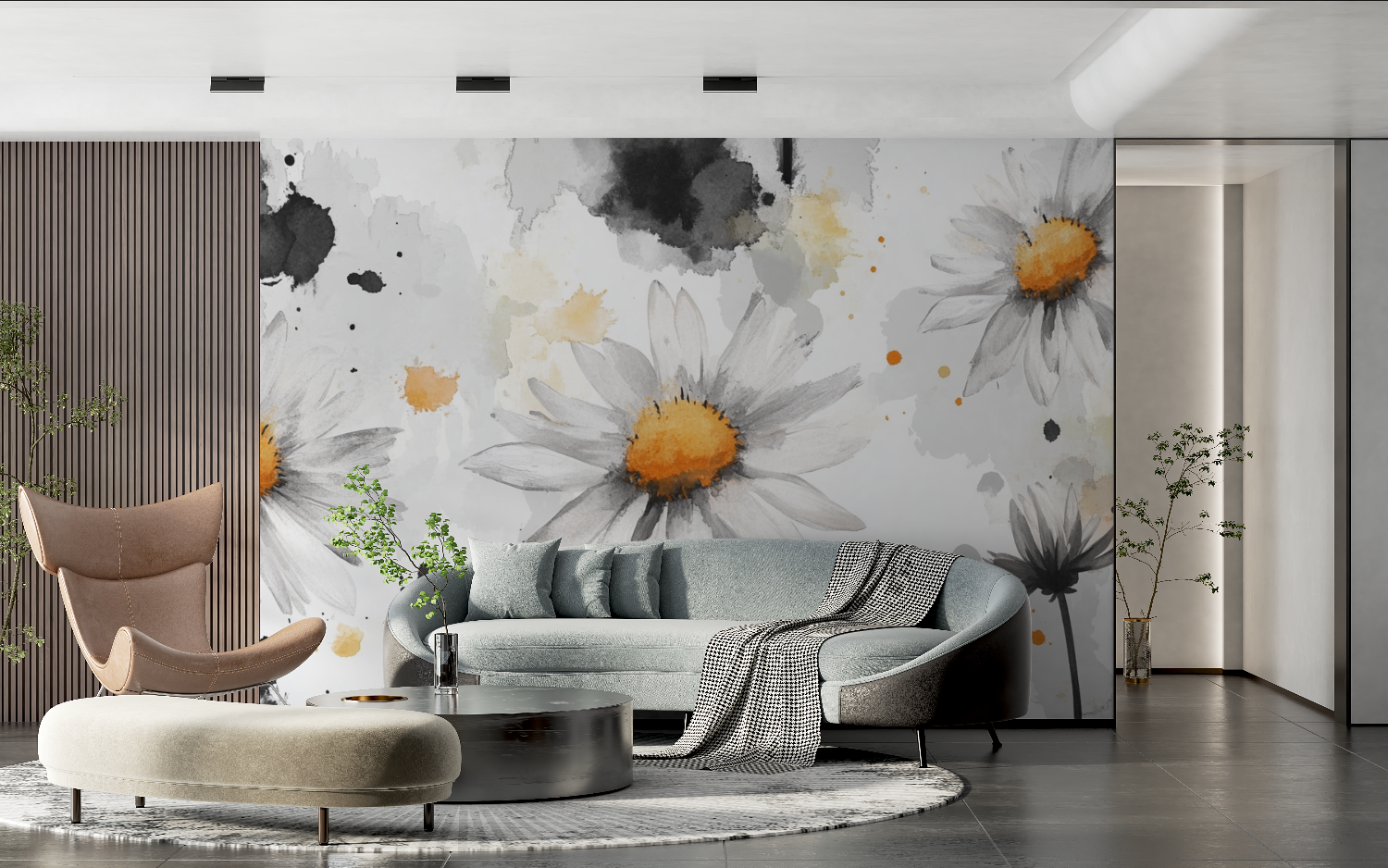 Watercolor Daisy Sketch Wallpaper | Murals Wallpaper