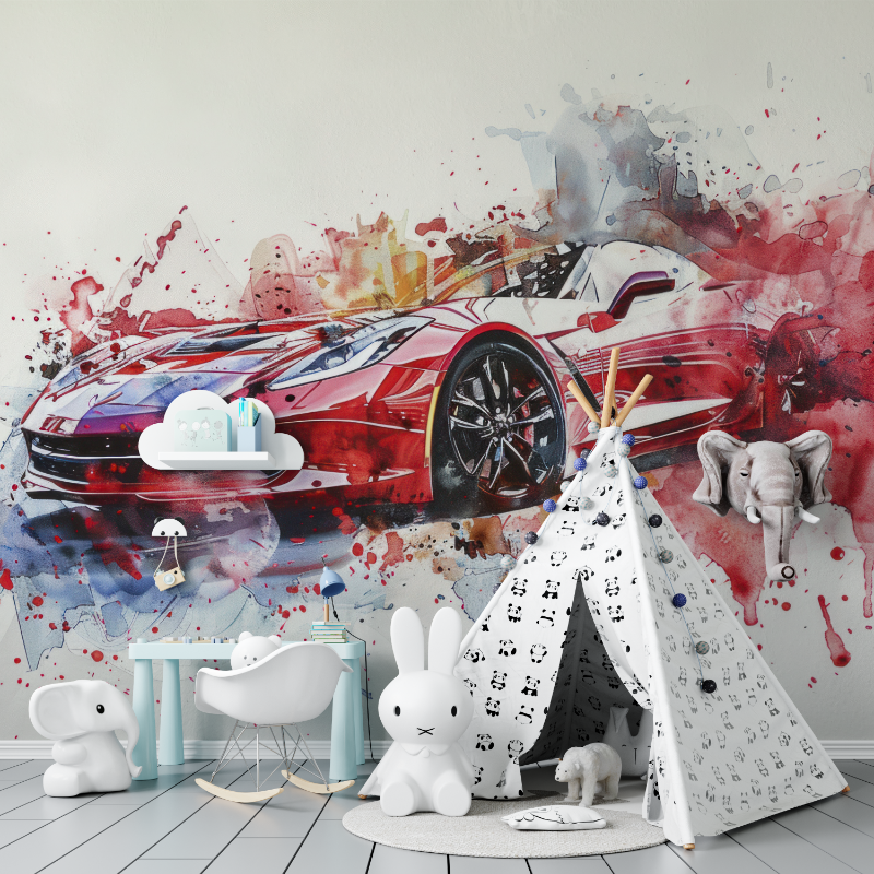 Red Sports Car Watercolor Wallpaper | Murals Wallpaper