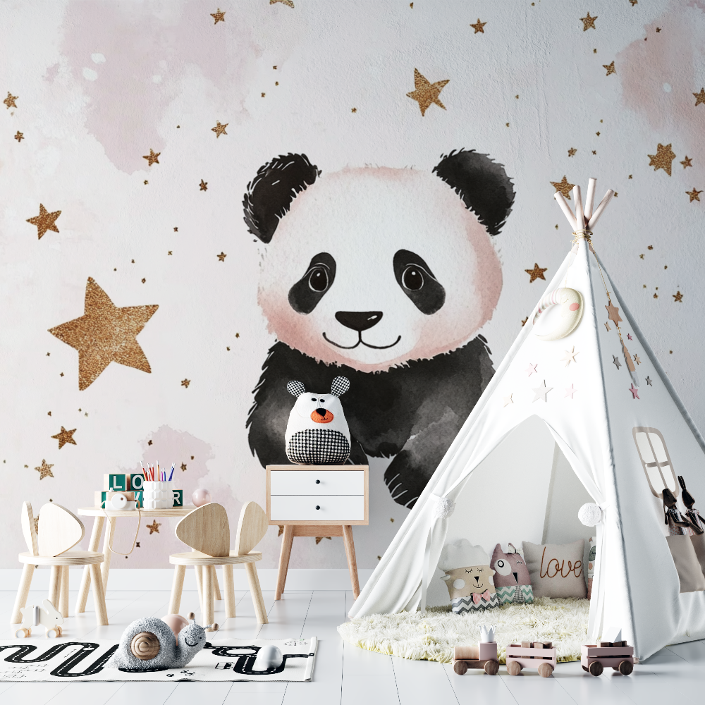 Panda and Golden Stars Wallpaper | Murals Wallpaper