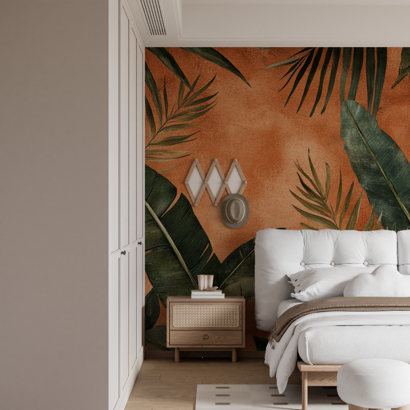 Terracotta Wallpaper with Tropical Leaves | Murals Wallpaper