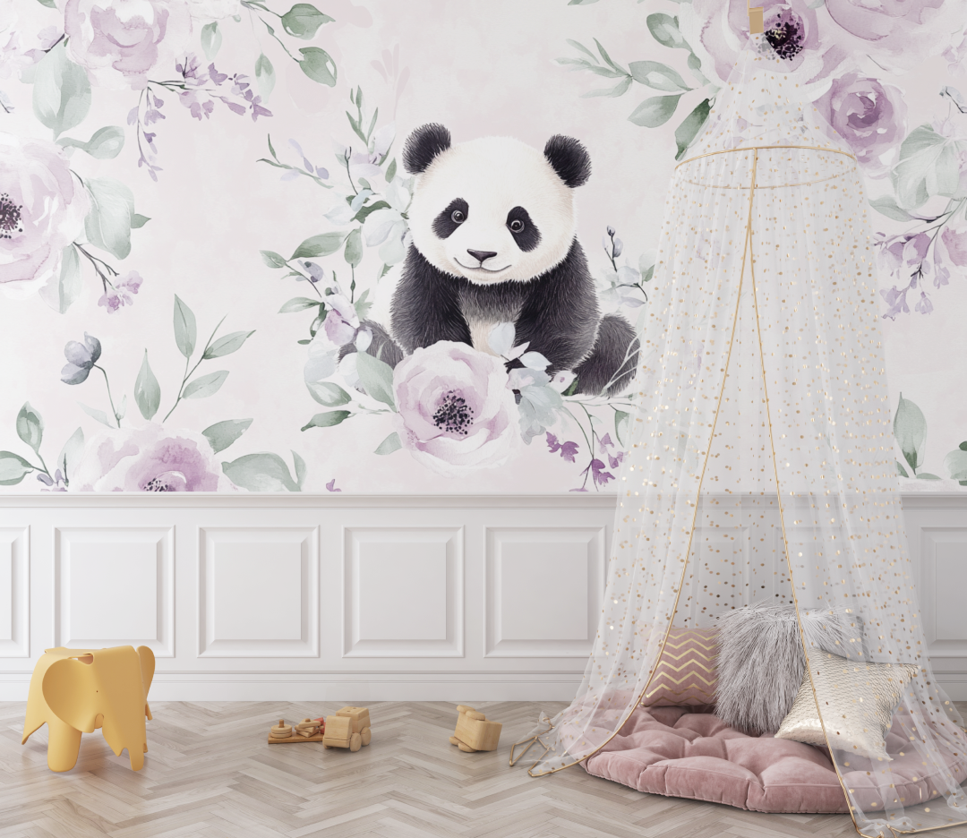 Panda und zarte Blumen Tapete | Wandbilder Tapete