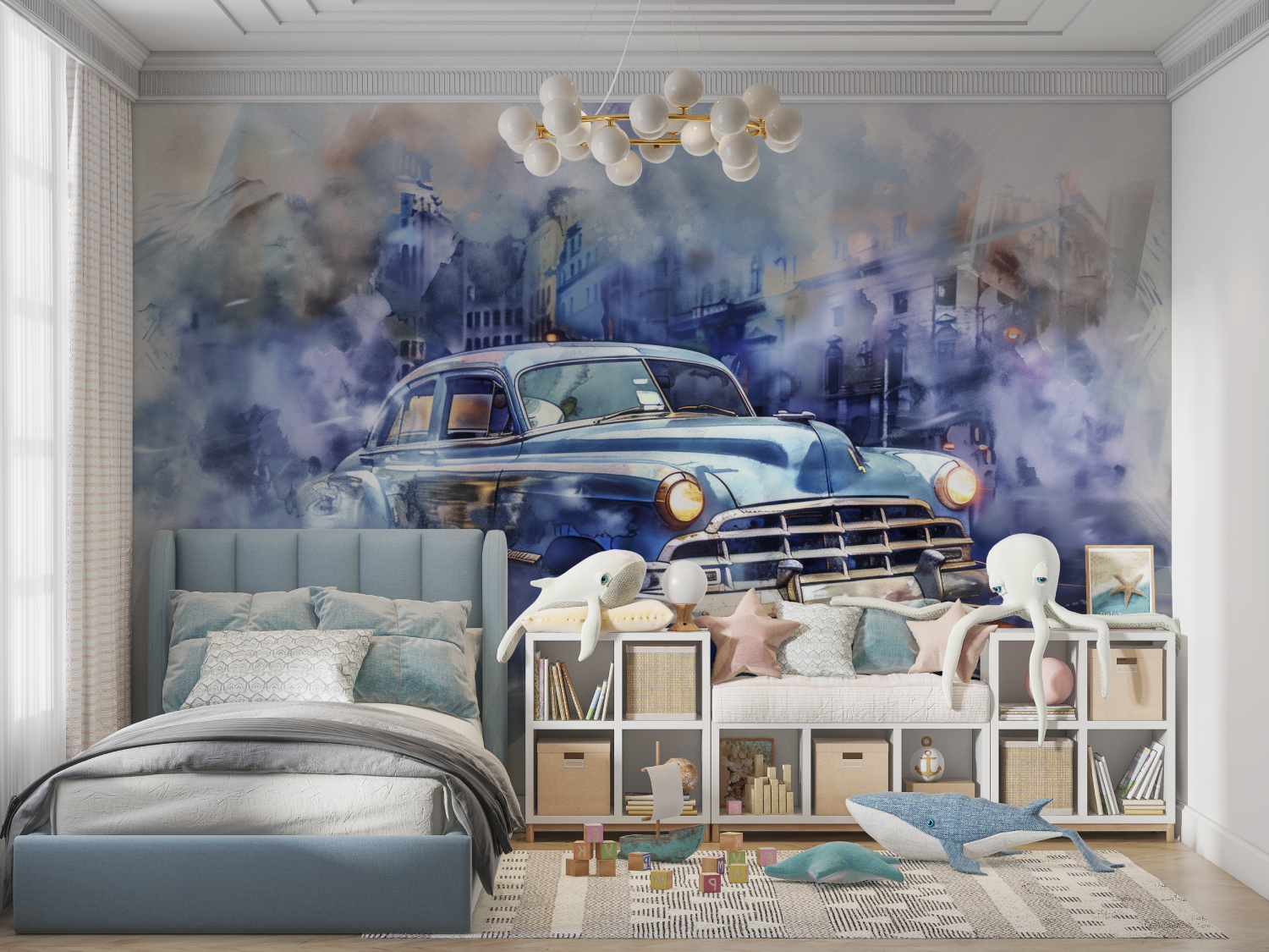 Cuban Car Blue Watercolor Wallpaper | Murals Wallpaper