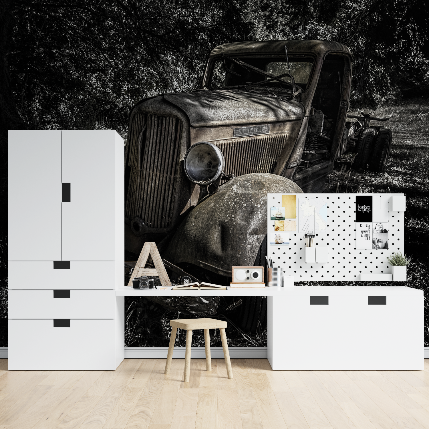 Schwarz-Weiß-Metallcollage-Tapete Auto | Wandbilder