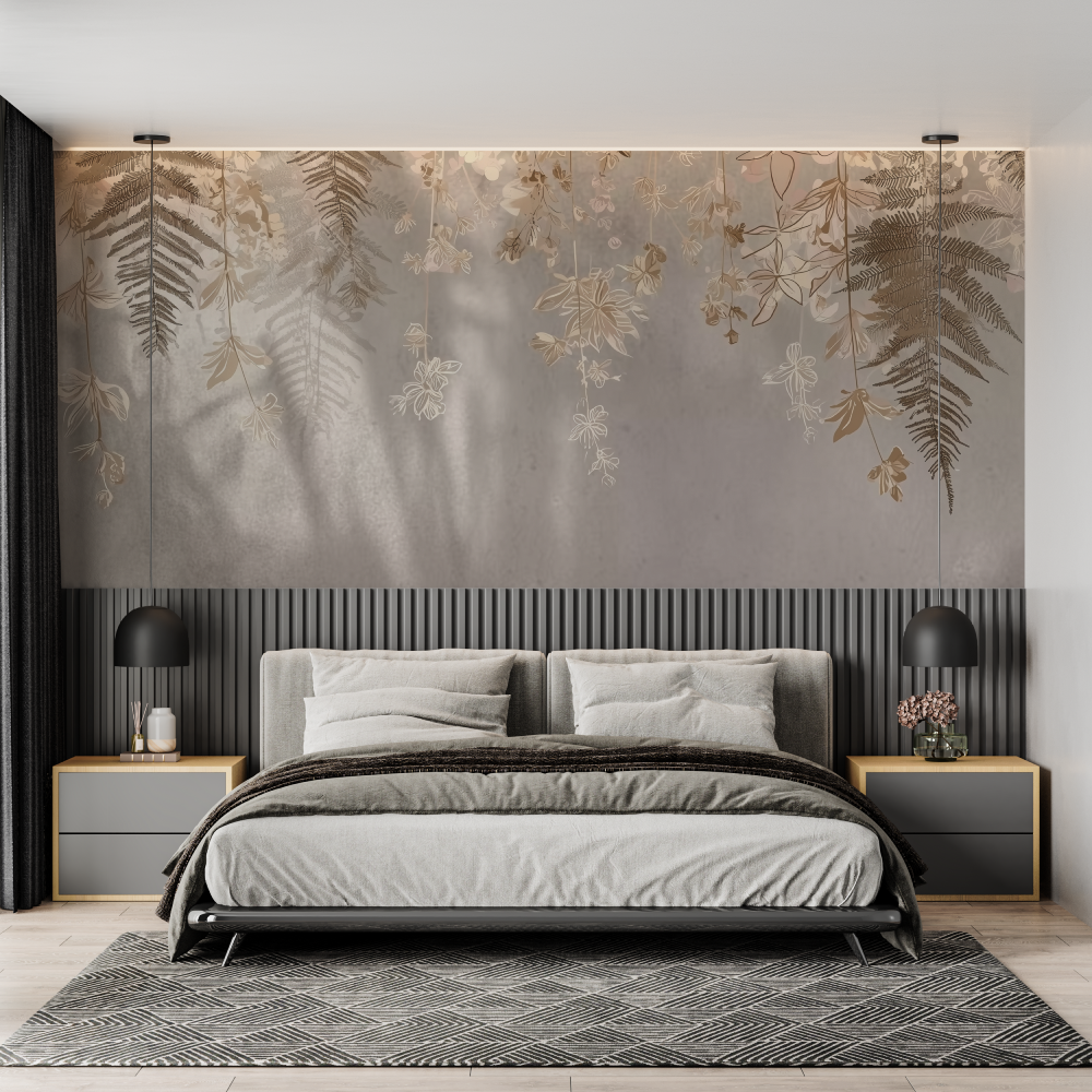 Beige gold leaf mural wallpaper chambre adulte tendance