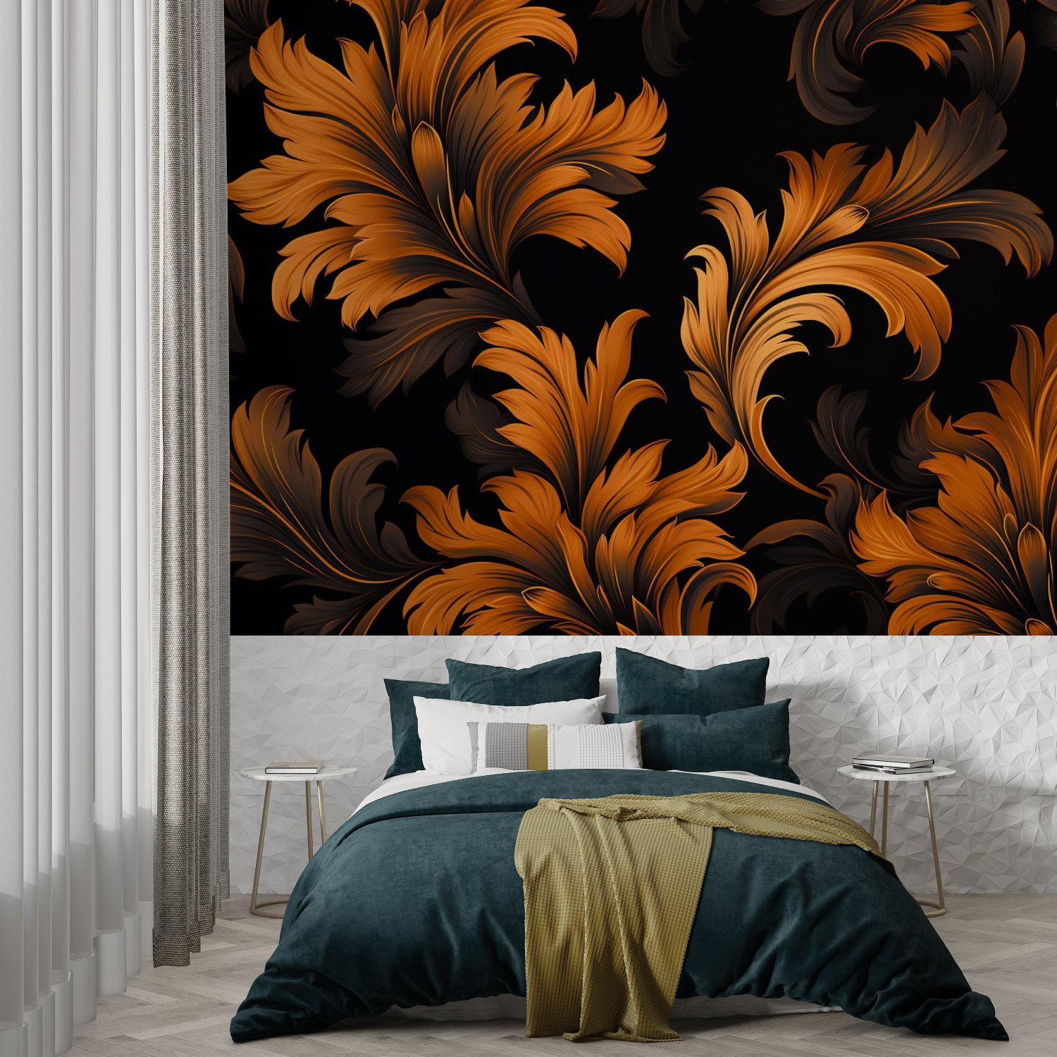 Orange-schwarze Blumentapete | Wandtapete