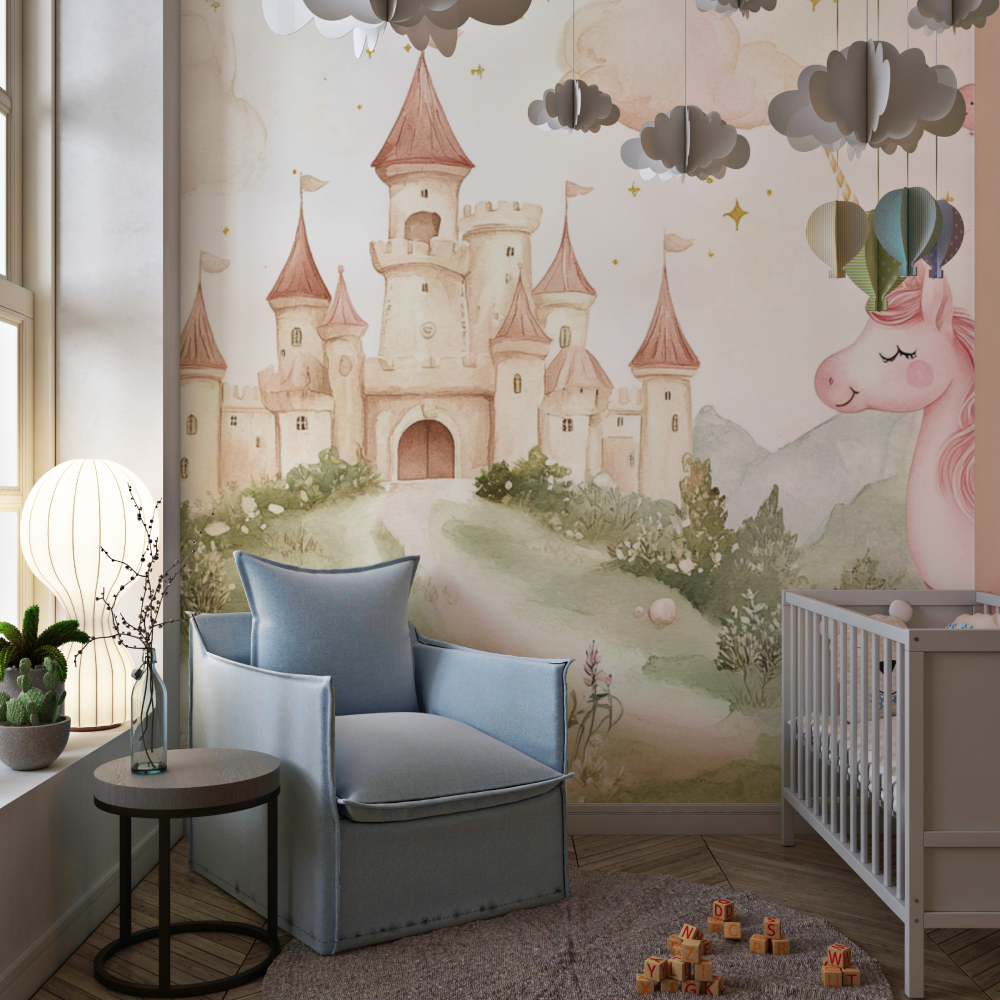 Unicorn Room Wallpaper with Castle and Rainbow Decor | Murals Wallpaper