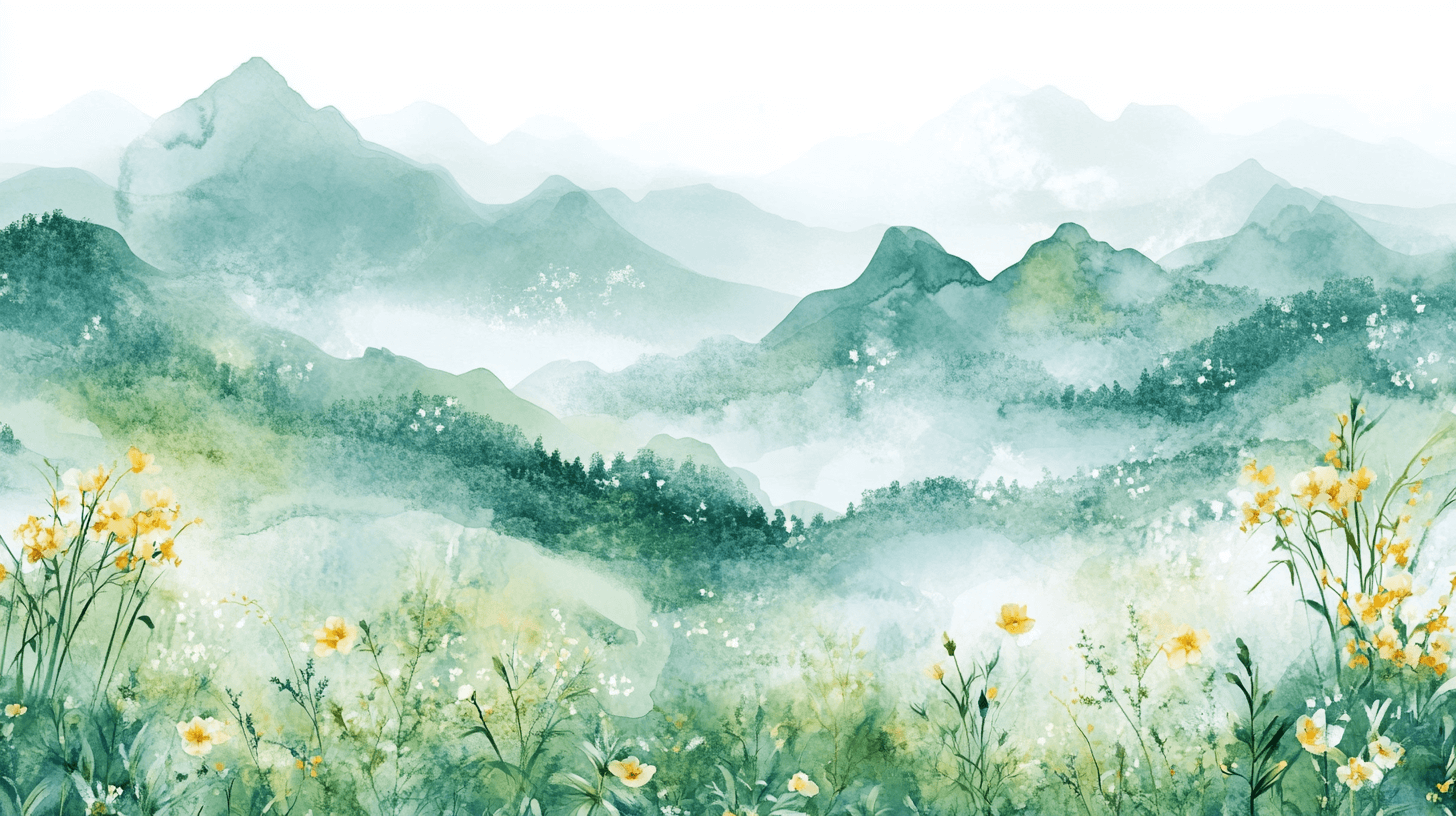 Papel de parede de paisagem floral de aguarela com colinas | Murais Papel de parede