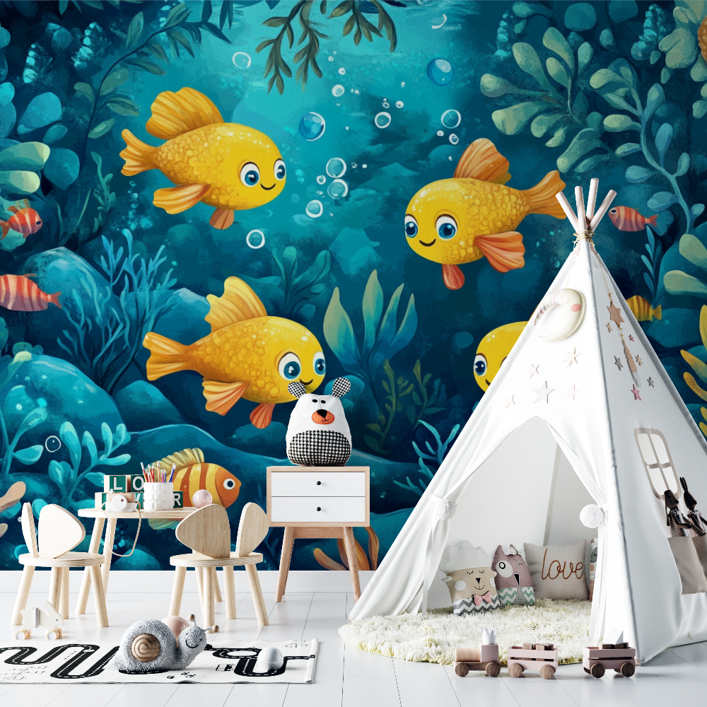 Underwater Theme Yellow and Blue Wallpaper | Murals Wallpaper