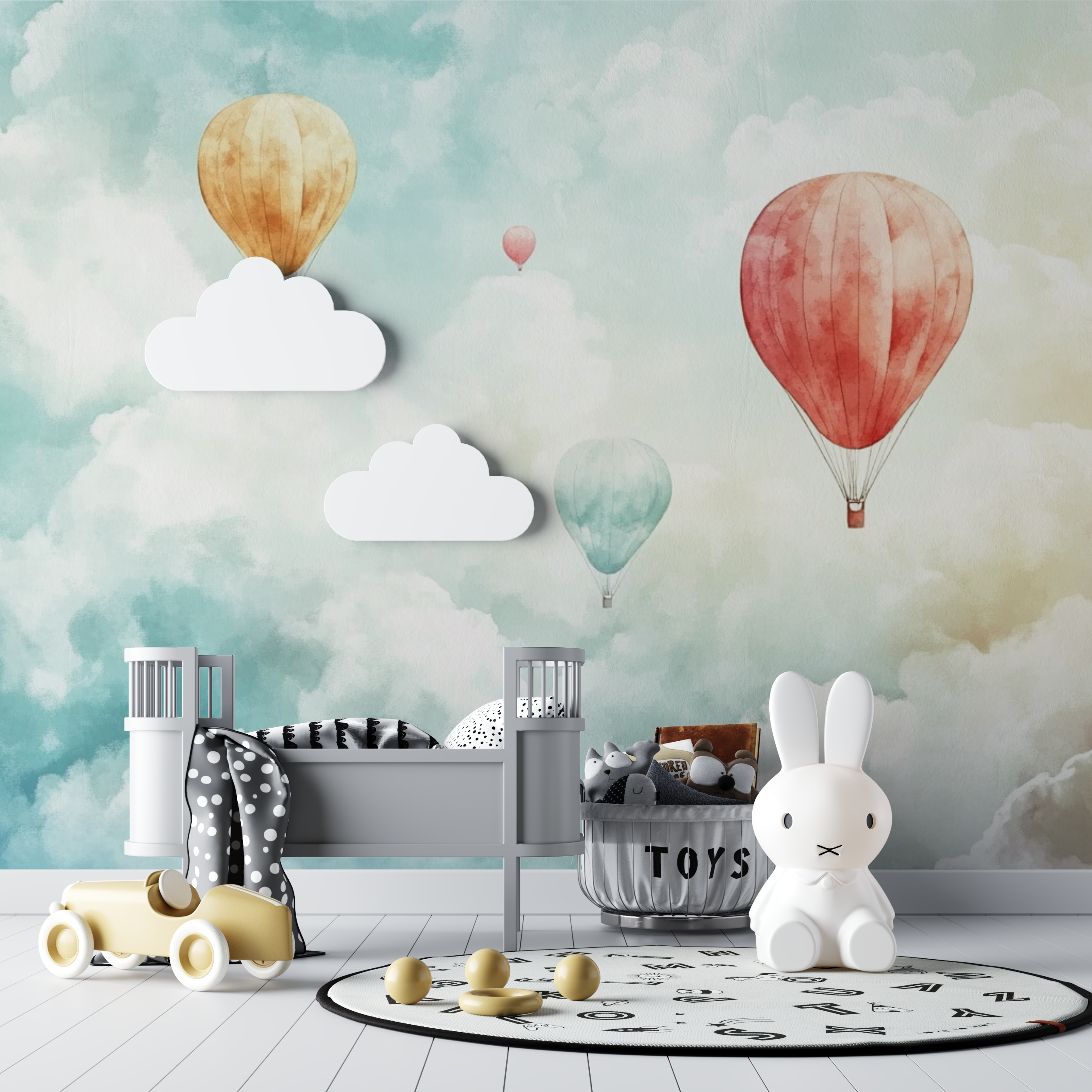 Heißluftballon und Wolken Baumwolltapete | Wandbilder Tapete