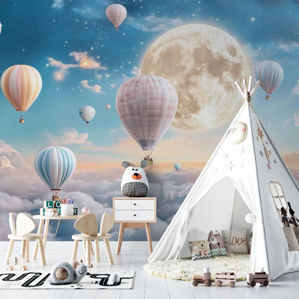 Hot Air Balloon and Luminous Moon Wallpaper | Murals Wallpaper