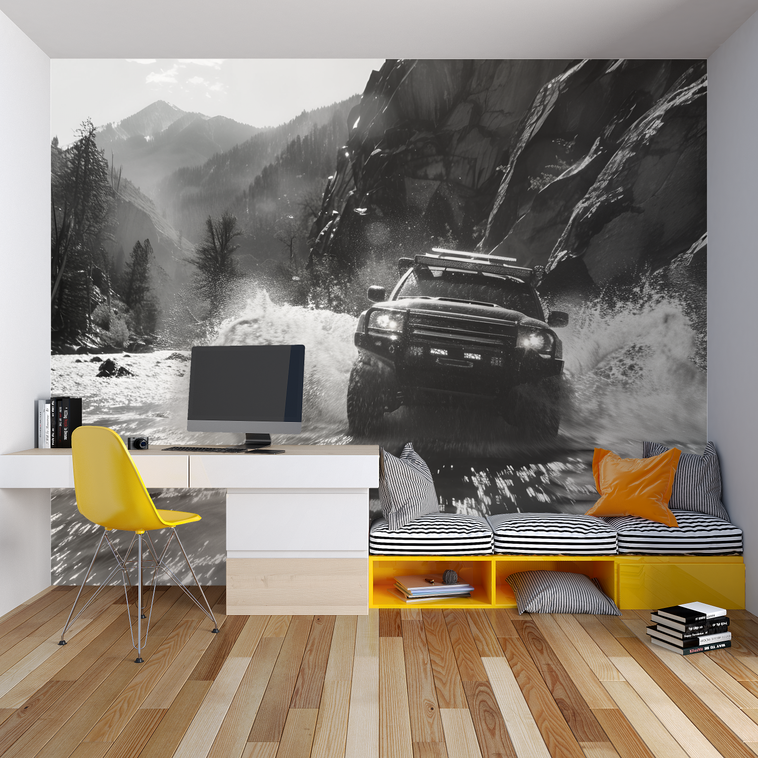 Rallyeauto-Tapete in Schwarz-Weiß | Wandbilder