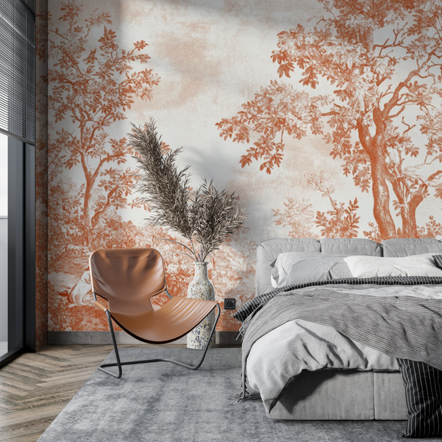 Terracotta Modern Toile de Jouy Wallpaper | Murals Wallpaper