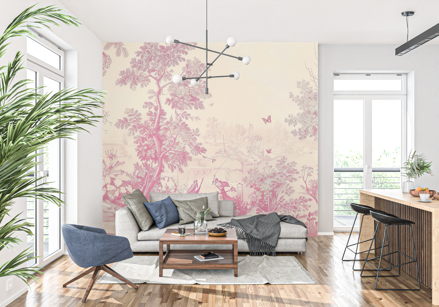 Trendy Pink Toile de Jouy Wallpaper | Murals Wallpaper