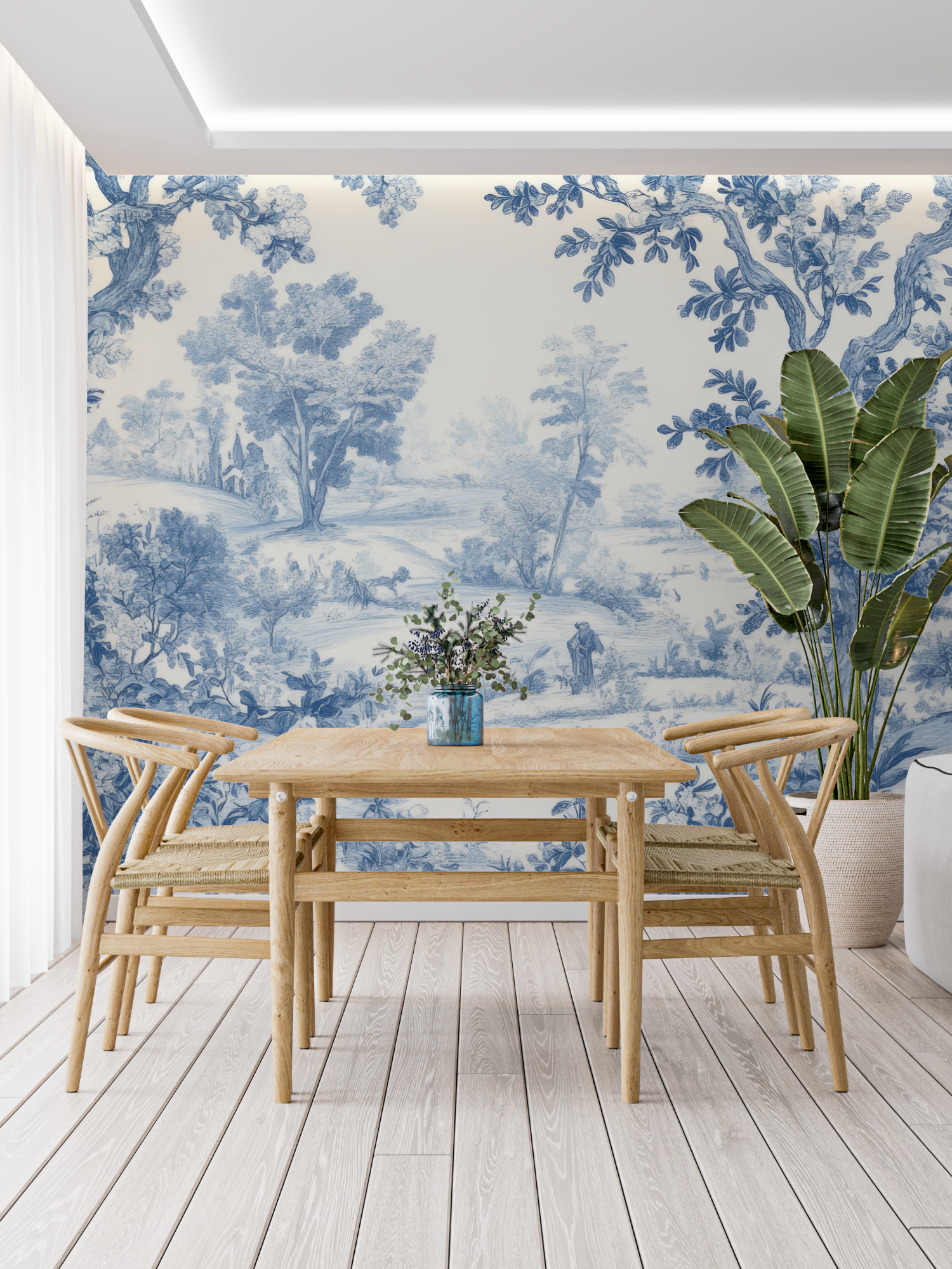 Papier Peint Toile De Jouy Foret Bleu - Tapisserie