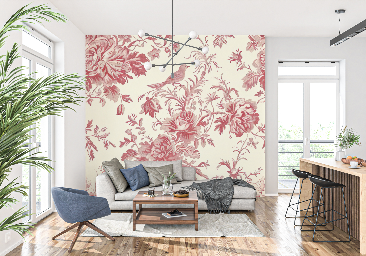 Red Toile De Jouy Bird Wallpaper | Murals Wallpaper