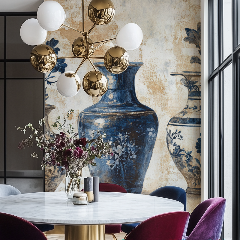 Vintage Wallpaper Blue Vase Green Chair | Murals Wallpaper