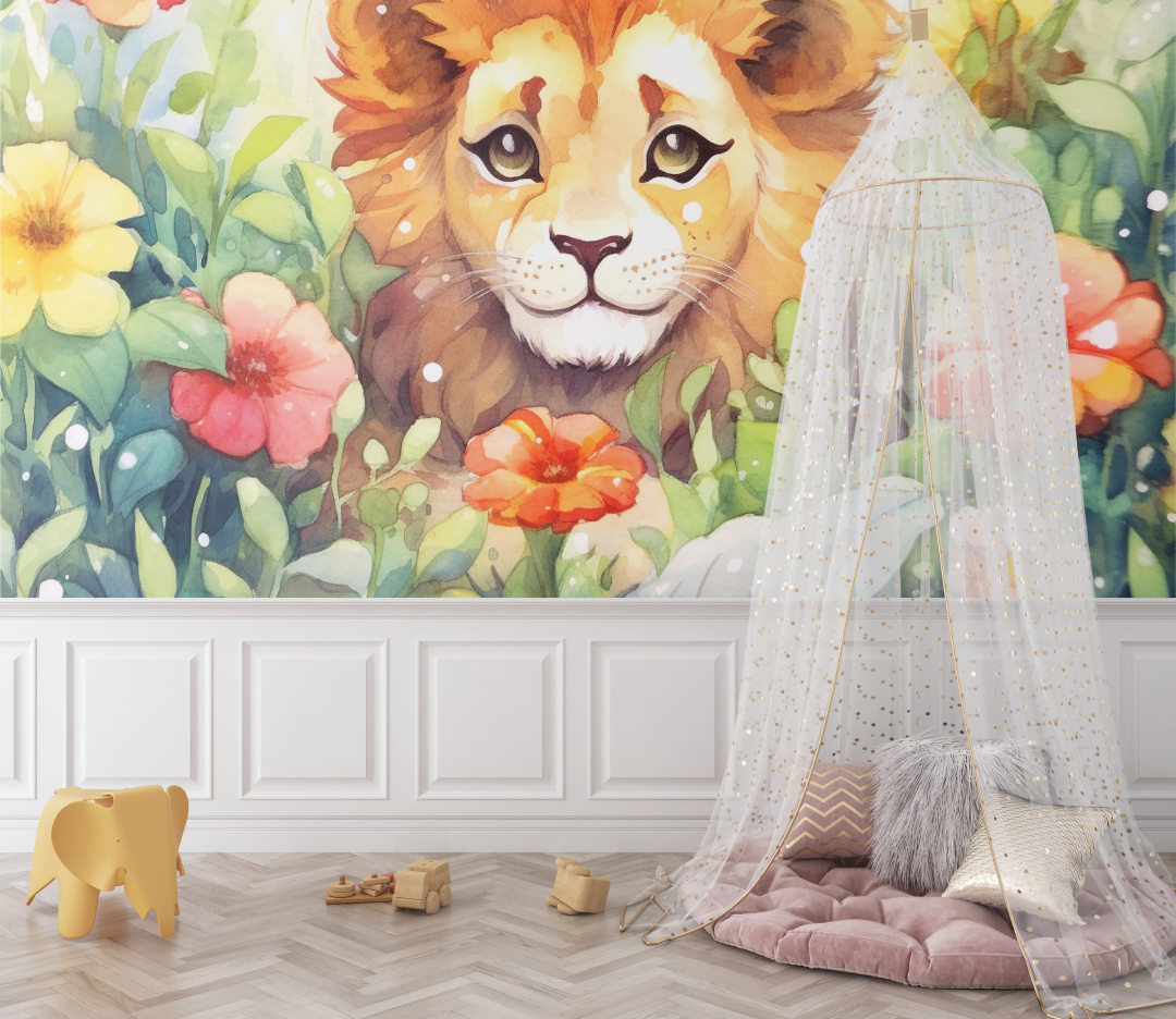 Watercolor Lion and Foliage Wallpaper | Murals Wallpaper
