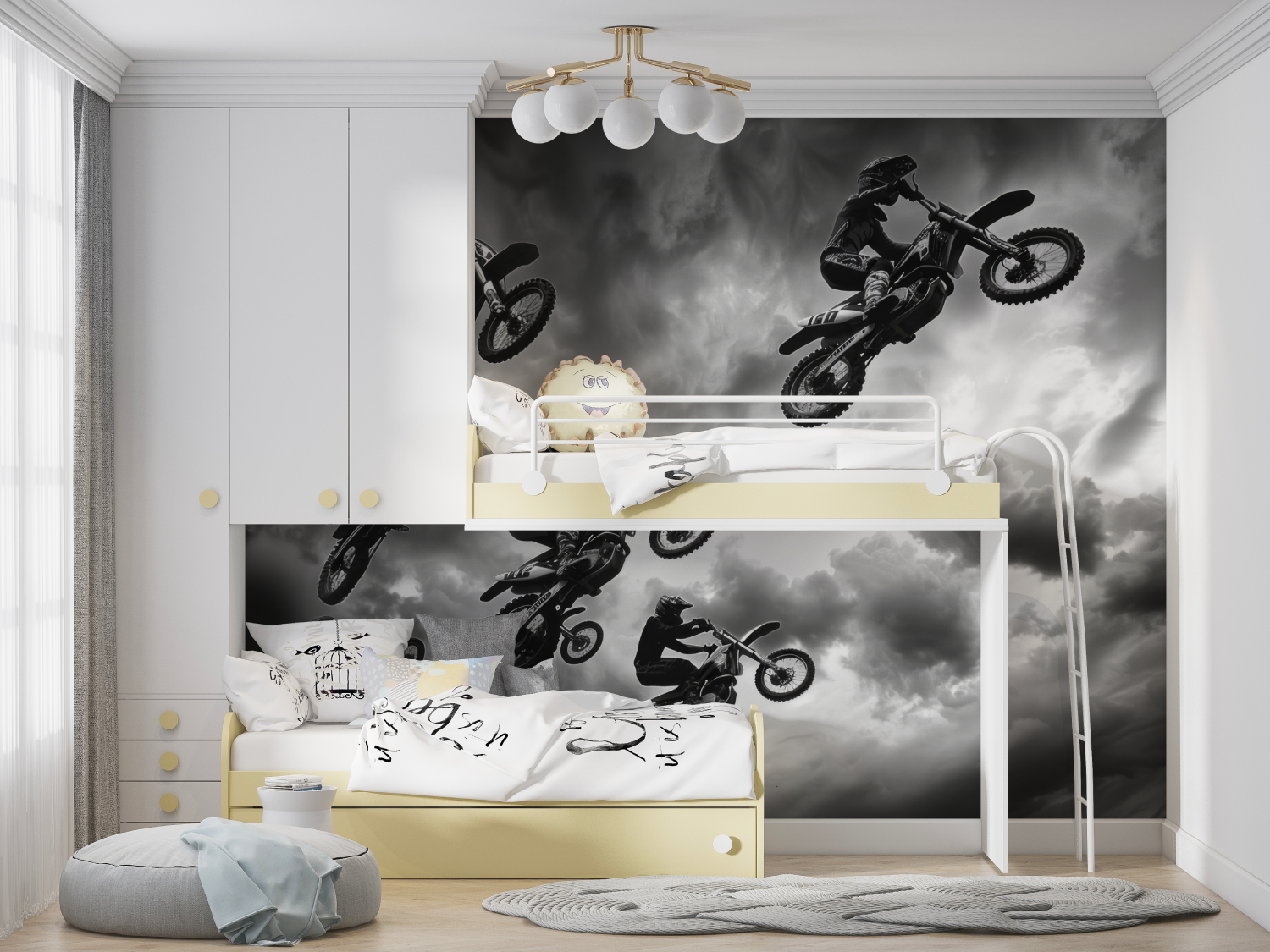Teenager-Motorradrennen – Schwarz-Weiß-Tapete | Wandbild-Tapete