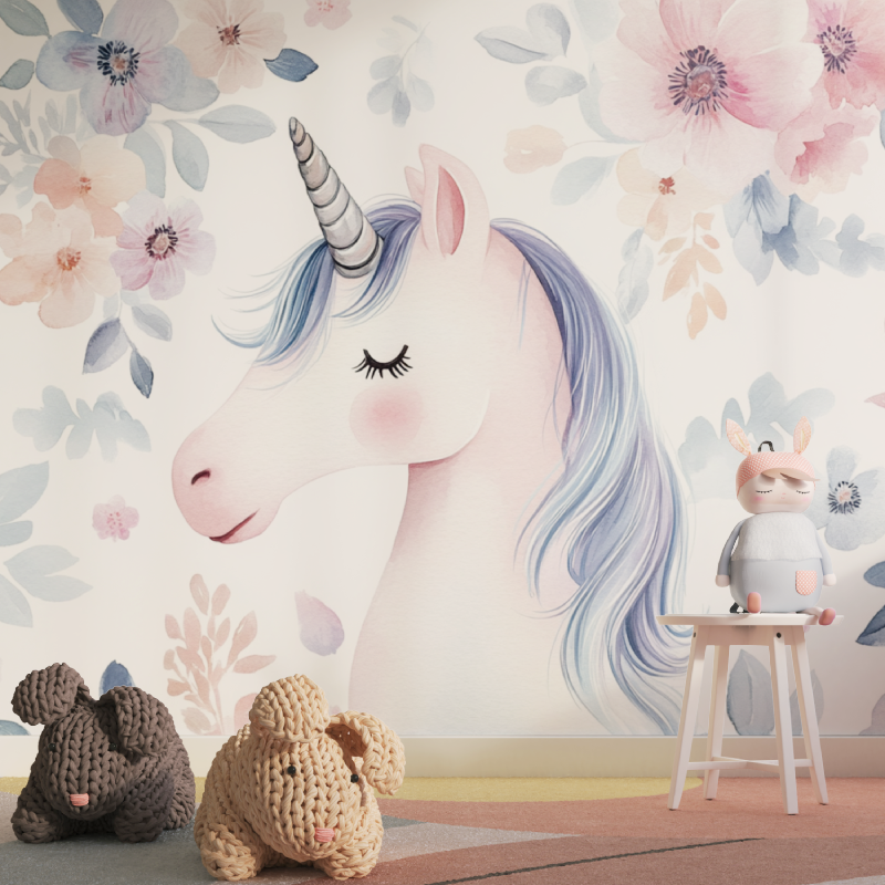 Unicorn Girl Wallpaper Floral Border | Murals Wallpaper