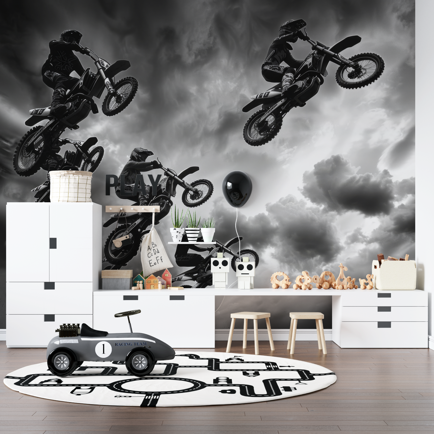 Teen Motorcycle Race Black White Wallpaper | Murals Wallpaper