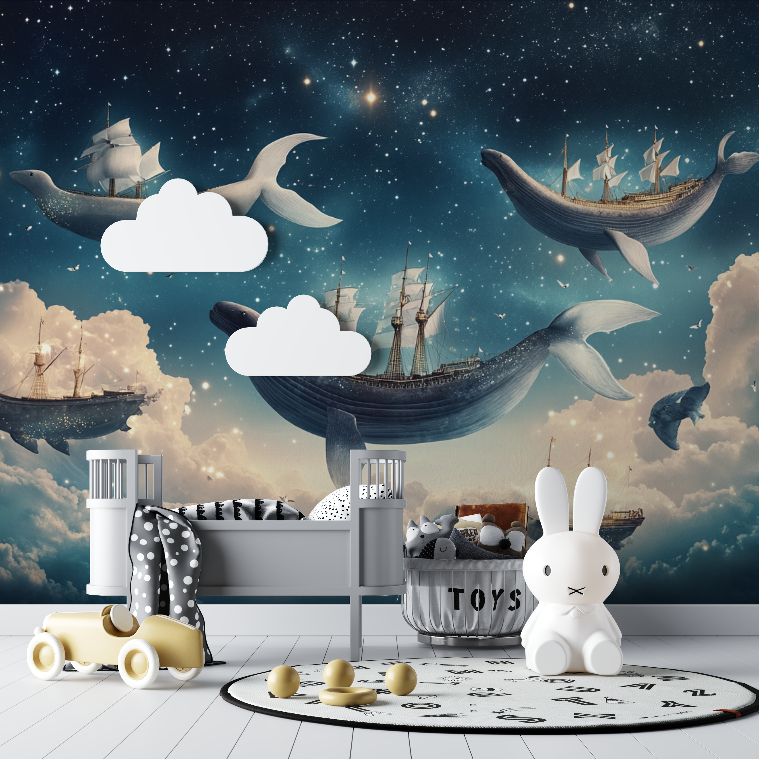 Nautical Wallpaper with Ships and Whales in the Sky | Murals Wallpaper