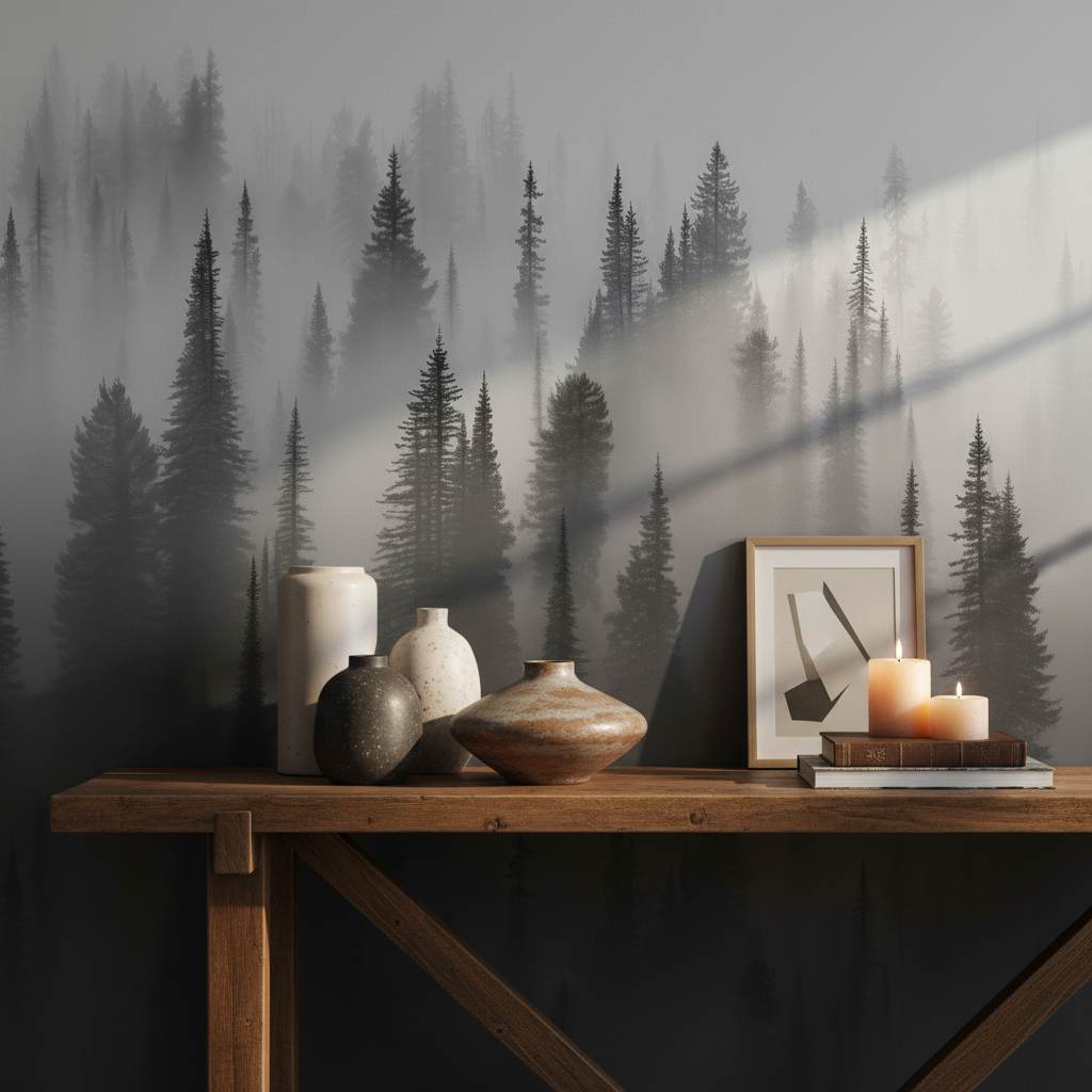 Black and White Misty Pine Forest Mural Wallpaper