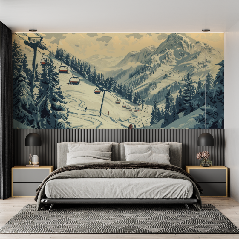 Colorful Skiers Gondola Wallpaper | Murals Wallpaper