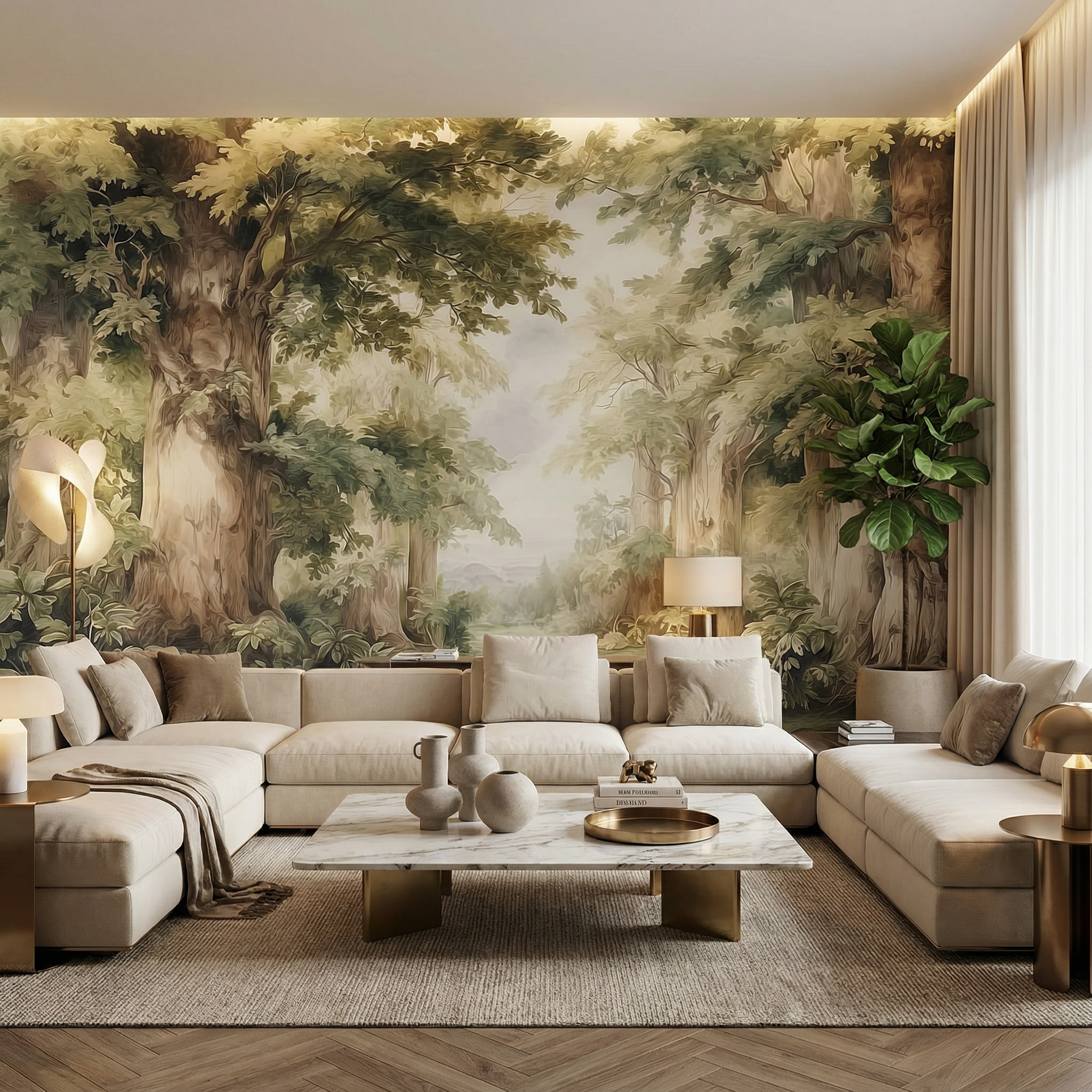 Vintage Pastel Forest Landscape Mural Wallpaper