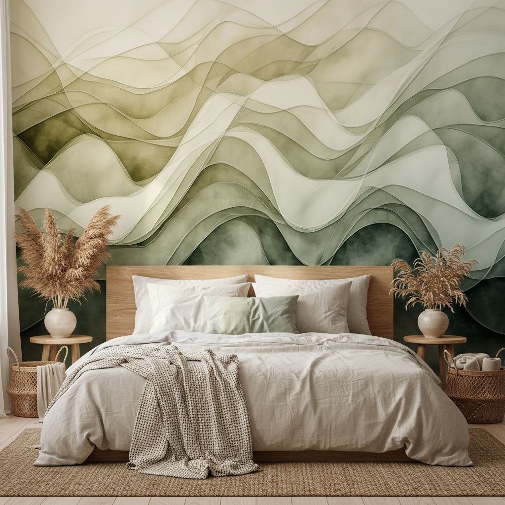 Abstract Green Wavy Lines Mural Wallpaper