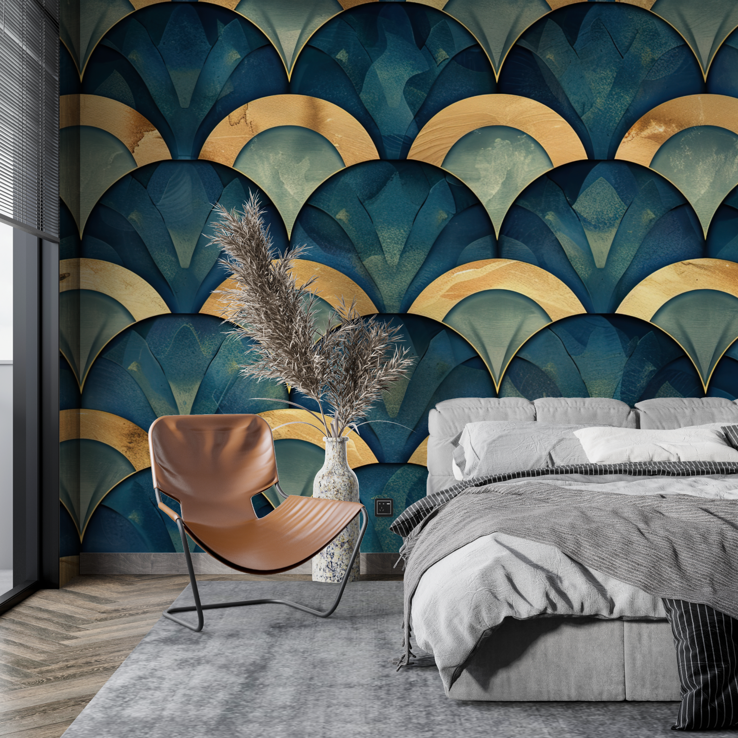 Tapete Art Déco Éventail Bleu Doré – tendance mur