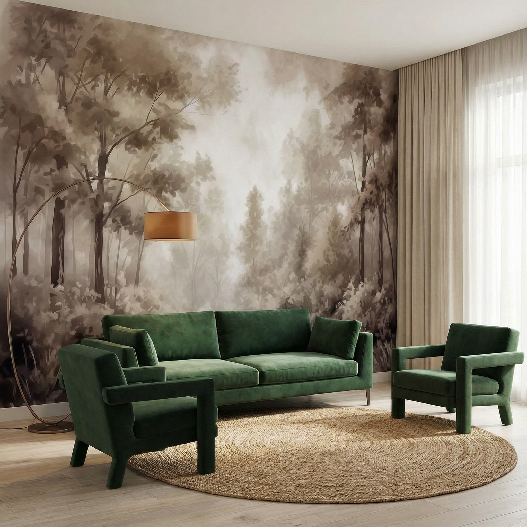 Sepia Misty Forest Illustration Mural Wallpaper