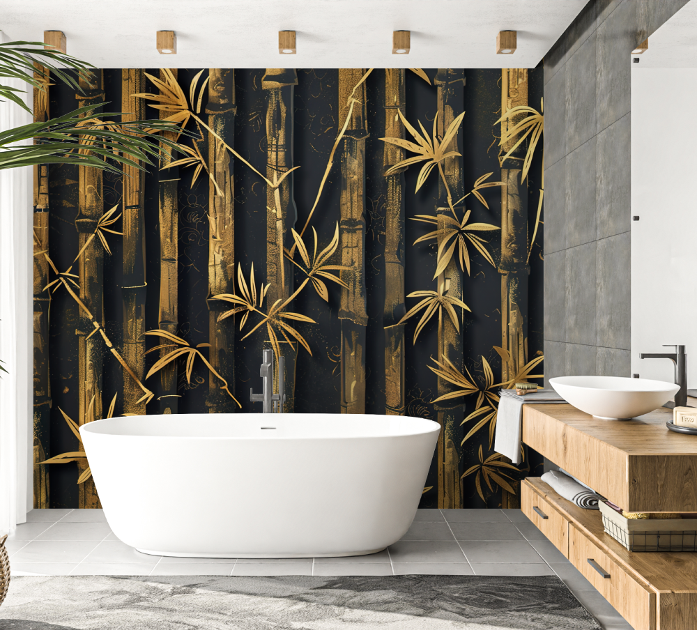 Gold Bambus Tapete für Badezimmer | Wandbilder Tapete