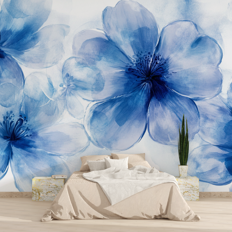 Großflächige blaue Blumentapete | Wandtapete